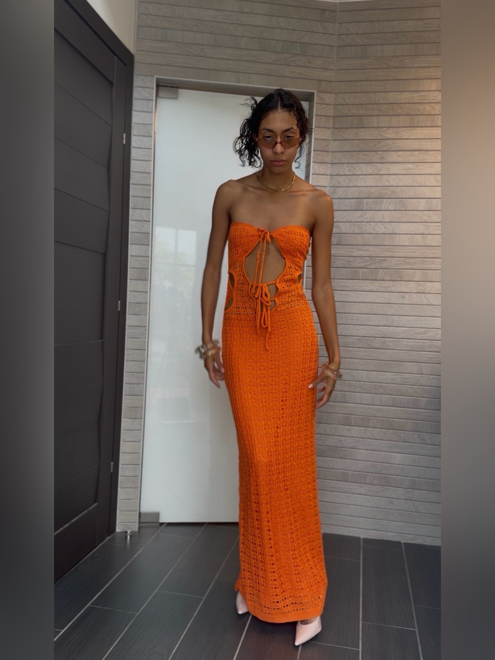 Strapless Crochet Cutout Maxi Dress in Orange